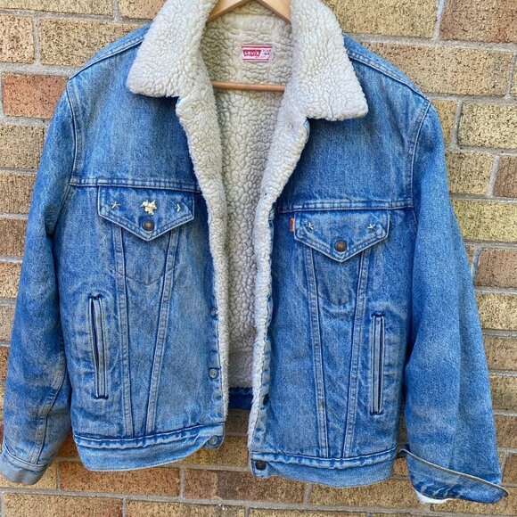 Vintage 1971 Orange Tab Levis Sherpa Denim Jacket Size 44 Large Blue - Picture 15 of 16